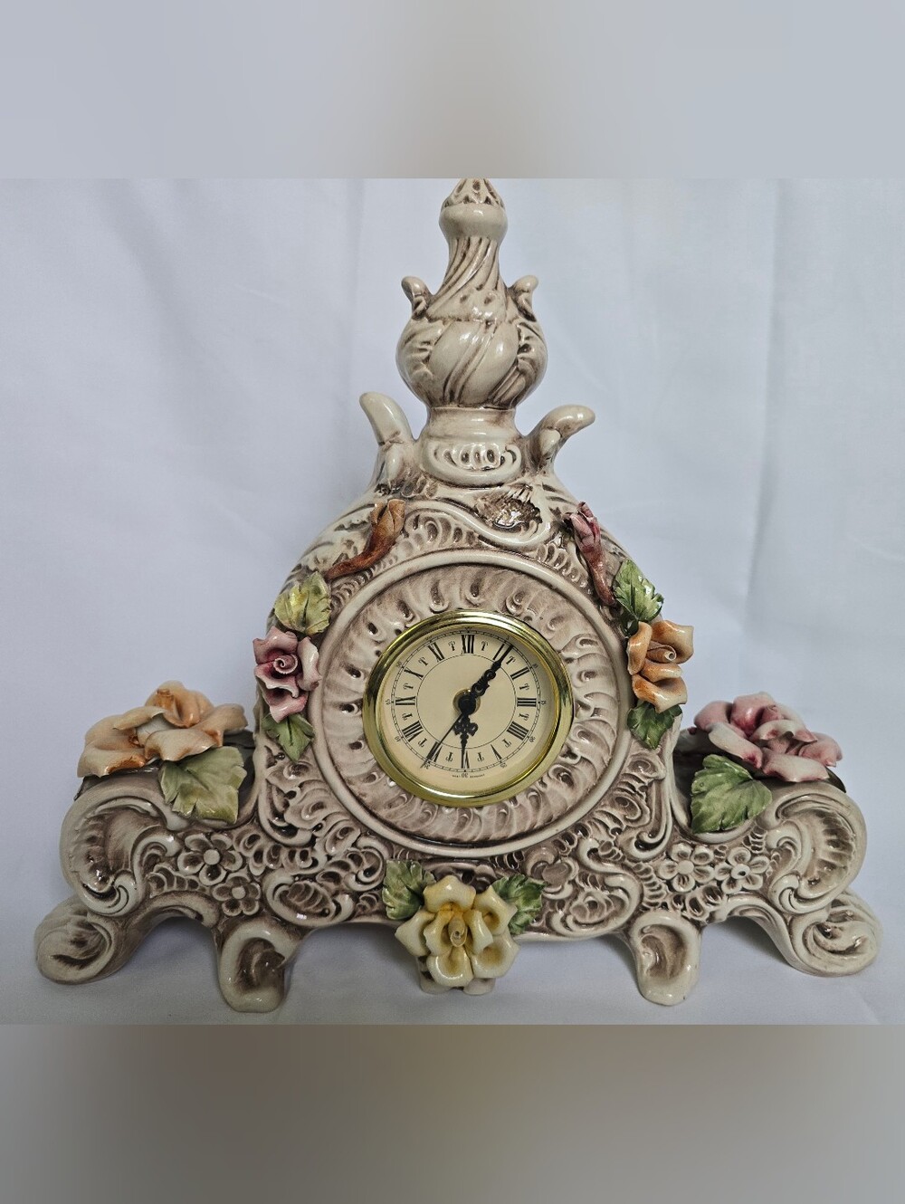 Vintage Capodimonte Italy Uranio Porcelain Mantel Clock - Working, Floral